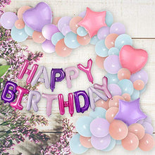 Load image into Gallery viewer, Pannu Design Mix colour Pastel Balloon arch kit, colourful Garland, Mix Macaron colour Happy Birthday Banner, Pink Heart &amp; Purple Star foil with pink ribbons. For Baby shower, kids birthdays. 79 pcs
