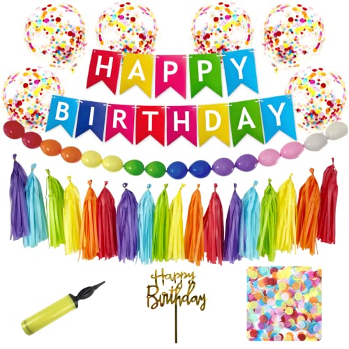 Birthday Decoration Set | Trendy Party Decorations in Rainbow Colours | Happy Birthday Banner | Balloon Garland | Tassel Garland | Confetti Balloons | Table Confetti | Cake Topper | Pump | UK Brand