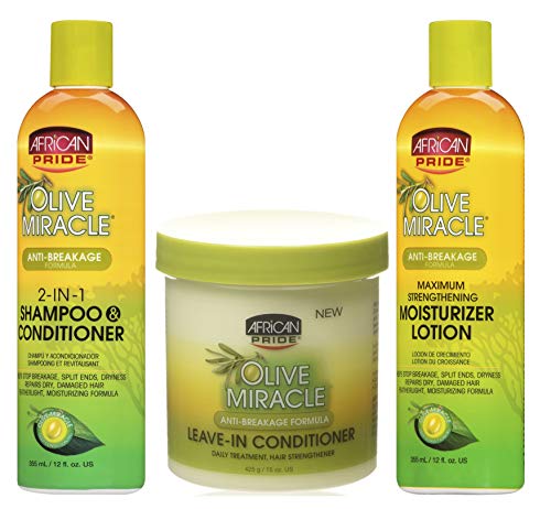 African Pride Olive Miracle Anti-Breakage TRIO SET | 2 in 1 Shampoo and Conditioner 355ml/12oz | Leave-In Conditioner 425g/15oz | Maximum Strengthening Moisturizer Lotion 355ml/12oz
