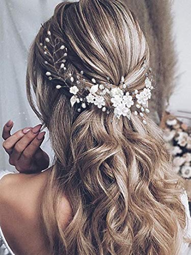 Vakkery Flower Bride Wedding Hair Vine Silver Pearl Hair Accessories Bridal Headband Headpiece for Women and Girls