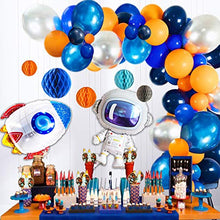 Load image into Gallery viewer, 92pcs Outer Space Balloon Arch Garland Kit, Blue Silver Orange Balloons and Astronaut Rocket Balloons Honeycomb Balls for Kids Birthday Party Decorations
