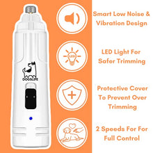 Load image into Gallery viewer, Dog Nail Grinder | Low Noise &amp; Vibration 2 Speed Electric Nail Grinder For Dogs | Full Control &amp; Safe Nail Trimming 2021 Version | Dog Nail Trimmer Includes USB Charger + X3 Rechargeable Batteries
