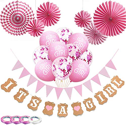 Baby Shower Decorations for Girls, 22 Pcs Pink Babyshower Decorations with 10pcs Balloons/Paper Bunting/IT'S A Girl Banner/6pcs Paper Fans/4 Roll Ribbon for Baby Girl Party Decoration