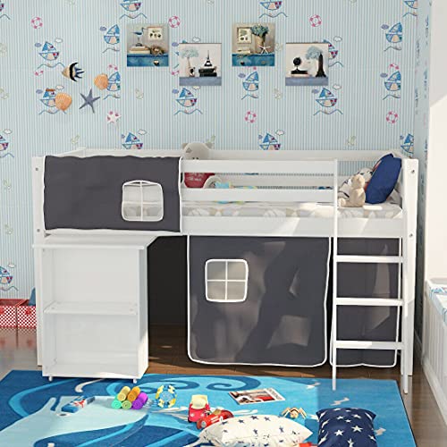 HUIJK Bunk Bed Kids Cabin Bed Frame Mid Sleeper With Play Tent Ladder and SIDE BOOKSHELF Bunk Bed
