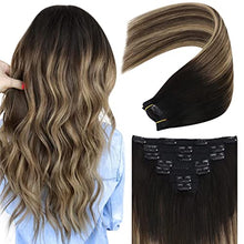 Load image into Gallery viewer, YoungSee Clip in Hair Extensions Balayage 12 Inch Hair Extensions Clip in Natural Hair Black to Dark Brown with Blonde Clip in Extensions Ombre Clip in Human Hair Extensions 7pcs 70g
