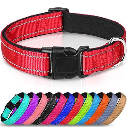 Joytale Reflective Dog Collar,Padded Breathable Soft Neoprene Nylon Pet Collar Adjustable for Medium Dogs,M,Red