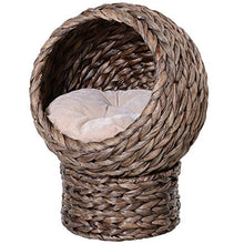 Load image into Gallery viewer, PawHut Woven Banana Leaf Elevated Cat Bed Wicker Kitten Basket Pet Den. House Cozy Cave with Soft Cushion Dome 42x33x52cm Grey
