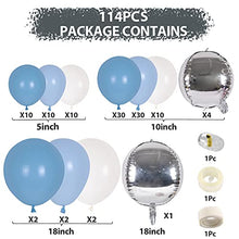 Load image into Gallery viewer, Blue Balloon Garland Arch Kit, 114pcs Macaron Blue White and 4D Silver Latex Balloons for Baby Boy Baby Shower Decorations, Wedding Bride Shower Birthday Backdrop Party Decorations
