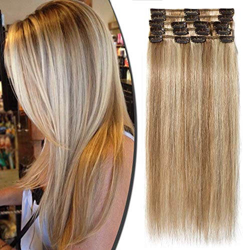 100% Real Remy Hair Clip in Human Hair Extensions 8pcs 16-22inch Grade 7A Long Straight Natural 18 Clips Highlighted, 16