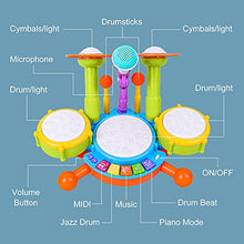 Load image into Gallery viewer, Kids Drum Set, Rabing Electric Musical Instruments Toys with 2 Drum Sticks, Beats Flash Light and Adjustable Microphone, Early Learning Birthday Gift for 3+ Years Old Boys and Girls, Multicolor
