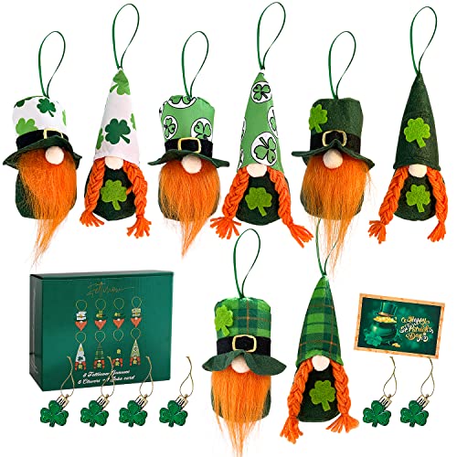 St Patricks Day Decorations Gnomes - Pack of 8 Hanging Gonk Decorations & 6 Shamrocks for Home Decor - Gnome Plush Design St Patricks Hats - Ideal for Irish Decorations & Leprechaun Decorations