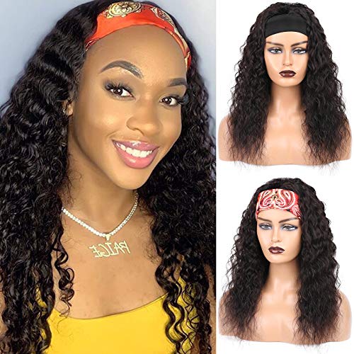 Hiyorlik Headband Wig Deep Wave Wig 20 Inch Human Hair Wigs For Black Women Brazilian Virgin Hair Full Machine Made With Snapping Glueless None Lace Scarf Wig 150 Density