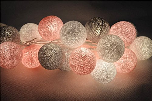 CHAINUPON 20 Cotton Ball String Fairy Night Lights LED Kid Children Bedroom,Home,Decor,Boys Girls Plug in Mains powered (20 Lights, Gray Pink)