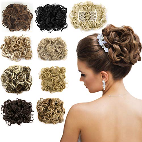 ZAIQUN Messy Curly Combs Hair Extension in Bun Extensions Easy Stretch Hair Dish Chignon Clip in Updo Hairpiece Ponytail Scrunchy Accessory for Women