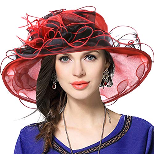 VECRY Women's Organza Church Derby Fascinator Bridal Wedding Hat (Red1)