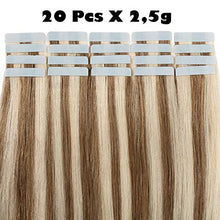Load image into Gallery viewer, Human Hair Extensions Tape in Straight Skin Weft 100% Remy Real Hair 20pcs 40g Natural Full Head 14&quot; 12/613# Golden Brown and Bleach Blonde
