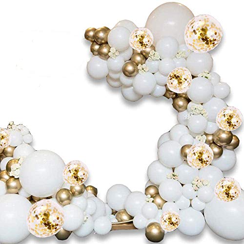 White Balloon Arch Kit - 125 PCS 5M Balloon Garland Kit with Gold White Balloon Confetti Metallic Balloons for Valentine 2021 New Year, Christmas, Baby Shower Birthday Hen Party Background Decoration