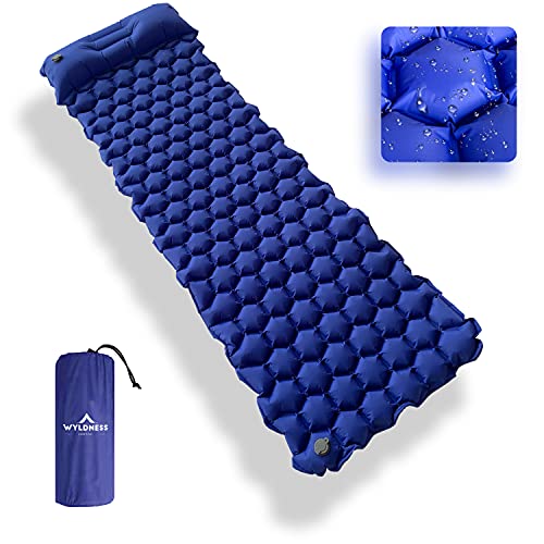 Inflatable Single Outdoor Sleeping Bed with Built-In Pillow and Storage Bag – Ultralight & Waterproof Air Mattress for Hiking, Camping, Backpacking (Blue)