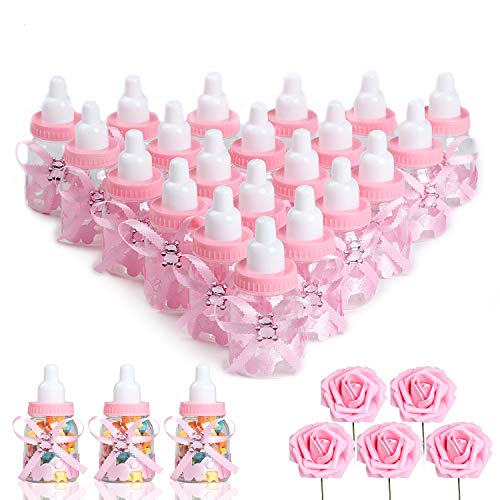 N&T NIETING Baby Shower Feeding Bottle, 24Pcs Baby Shower Favours with 5Pcs Artificial Roses Pink Sweets Candy Box for Baby Shower Decoration
