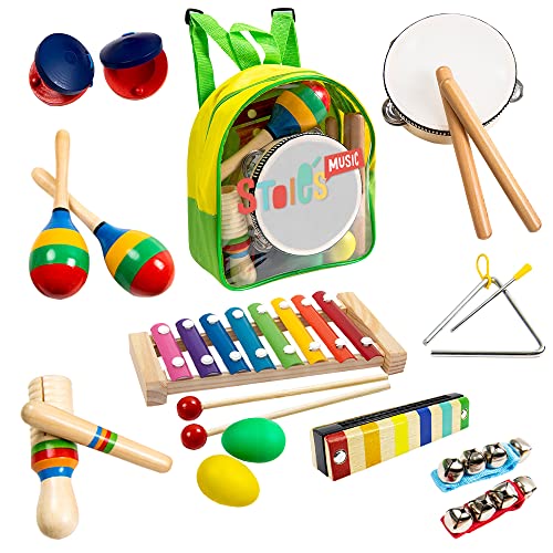 Stoie's- 19 Piece Musical Instrument Set for Toddlers, Preschool Children & Kids– Wooden Percussion Toys and Rhythm Instruments - Xylophone, Drum - Promotes Early Development - Backpack Included…