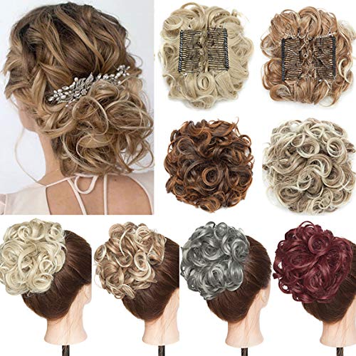 Real Fashion Short Messy Curly Dish Hair Bun Extension Easy Stretch hair Combs Clip in Ponytail Extension Scrunchie Chignon Tray Ponytail Hairpieces Silver Grey