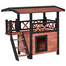 Load image into Gallery viewer, PawHut Wooden Cat House Outdoor Luxury Room Weatherproof Shelter with Balcony and Stair Puppy Garden Large Kennel Brown
