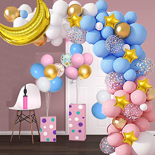 Pink Blue Balloon Garland Arch Kit with Gender Reveal Banner, 36''Gold Foil Moon Stars 12''Confetti Pastel Pink Blue Balloons Set for Gender Reveal Birthday Baby Shower Party Decorations Supplies