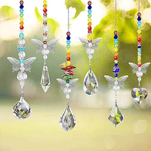EEEKit 6 PCS Colorful Crystals Glass Pendants, Window Suncatchers Prism Hanging Ornaments, Butterfly Suncatcher Rainbow Maker with Beads Chain for Home, Garden, Office Decoration