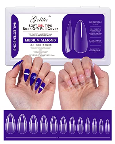 Gelike ec 552 PCS Nail Tips Full Cover Fake Nails Tips Kit for Soak Off Nail Extensions, Clear Medium Almond Jelly Tips False Press on Nails, 12 Sizes