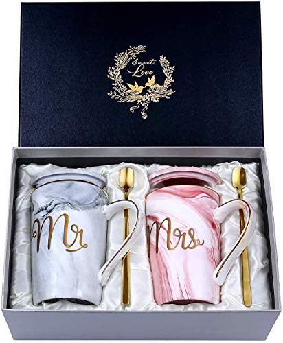 Mr and Mrs Coffee Cups Set Wedding Gifts for Couple Engagement Bridal Shower Bride and Groom Anniversary Marble Ceramic Mugs 14 Oz