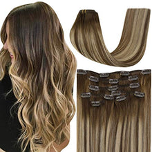 Load image into Gallery viewer, Hetto Clip in Hair Extensions Balayage Brown Human Hair Clip on Hair Extensions Real Remy Clip in Extensions Human Hair Dark Brown to Caramel Blonde 100g 18Inch #4/27/4
