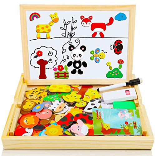 COOLJOY 100+ PCS Wooden Magnetic Puzzle, Magnetic Puzzle Board, Cute Pets Pattern Games Double Sided Jigsaw, Educational Drawing Easel Blackboard Wood Toys For Kids Up 3 Years Old Imagination