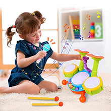 Load image into Gallery viewer, Kids Drum Set, Rabing Electric Musical Instruments Toys with 2 Drum Sticks, Beats Flash Light and Adjustable Microphone, Early Learning Birthday Gift for 3+ Years Old Boys and Girls, Multicolor
