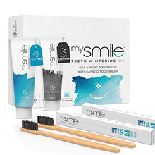 Load image into Gallery viewer, Day &amp; Night Teeth Whitening Kit - with 60ml Each Aloe Vera Toothpaste, Activated Charcoal Toothpaste &amp; 2 Bamboo Toothbrushes for Fresh Breath &amp; White Teeth - Vegan, Peroxide Free &amp; Enamel Safe

