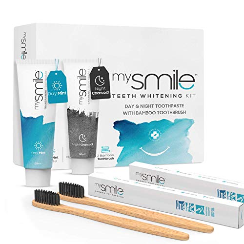 Day & Night Teeth Whitening Kit - with 60ml Each Aloe Vera Toothpaste, Activated Charcoal Toothpaste & 2 Bamboo Toothbrushes for Fresh Breath & White Teeth - Vegan, Peroxide Free & Enamel Safe