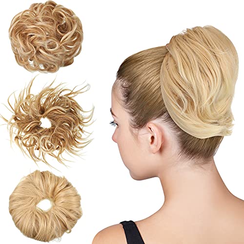 3 Pieces Synthetic Bun Hairpiece Scrunchies Hair Bun Extensions Messy Curly Hair Scrunchies Hairpieces Synthetic Donut Updo Hair Pieces Synthetic Chignon with Elastic Rubber Band (Mixed Bleach Brown)