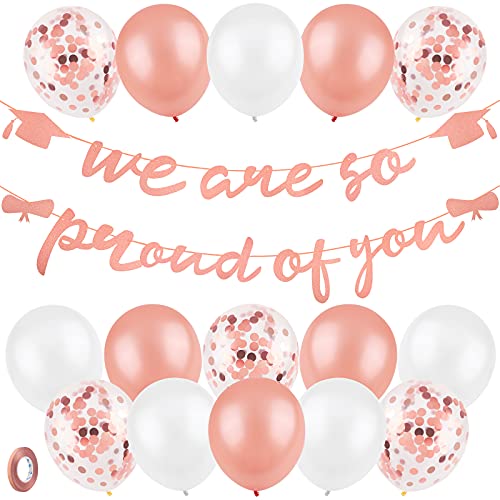 ADXCO Graduation Decorations 2022 Banner Kit Including Banners with We Are so Proud of You 15 Latex Sequined Balloons for School Graduation Party Decoration Supplies Accessories (Rose Gold)