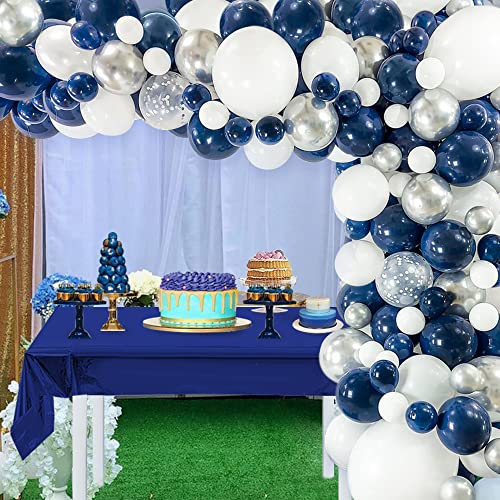 Navy Blue Balloons Arch Garland Kit, Navy Blue White Balloons Metallic Silver Balloons Navy Blue Tablecloth Silver Confetti Balloons for Birthday Wedding Party Decorations
