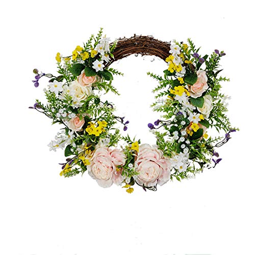 FLCSIed Artificial Peony Wreath Handmade Flower Wreath with Eucalyptus Leaves Summer Spring Grapevine Wreaths Decoration for Door Farmhouse Party Wedding Home Wall Hanging Decor