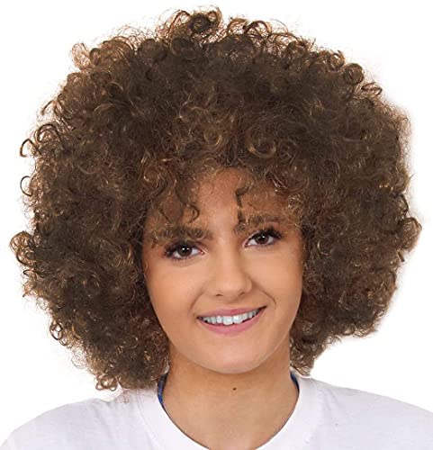 AFRO WIG FANCY DRESS ACCESSORY FUNKY LARGE CURLY HAIR 70'S DISCO CLOWN MENS LADIES IN MANY COLOURS (BROWN)