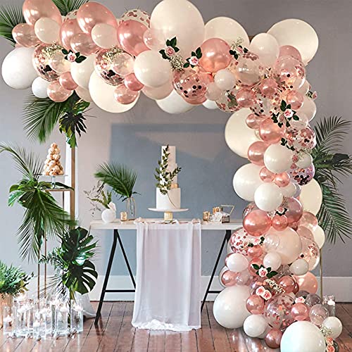 SANERYI Balloon Arch Kit 100pcs Rose Gold Balloons and White Balloons Garland Kit Confetti Clear Latex Balloons for Bridal Shower Bachelorette Hen Party Wedding Birthday for Girls Decorations