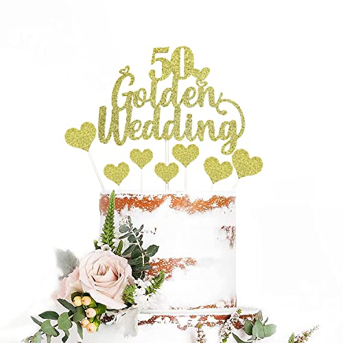 50th Wedding Anniversary Cake Toppers - Glitter 50th Golden Weddding Anniversary Heart Cake Decoration for Celebration Party Supplies