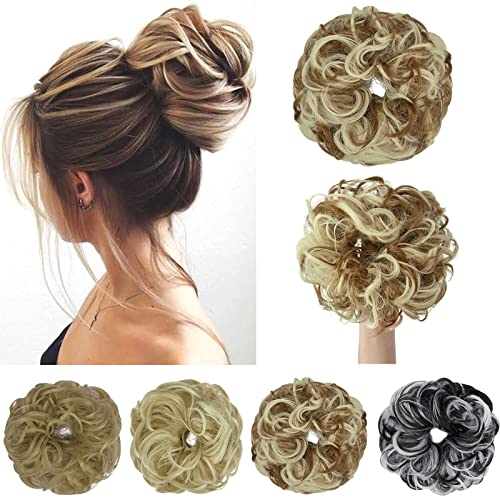 FXTYK Messy Hair Buns Hairpiece for Women Girls Hair Scrunchies Thick Hair Extension Bun Messy Curly Ponytail Extensions Updo Chignon-Ginger Brown Mix Bleach Blonde