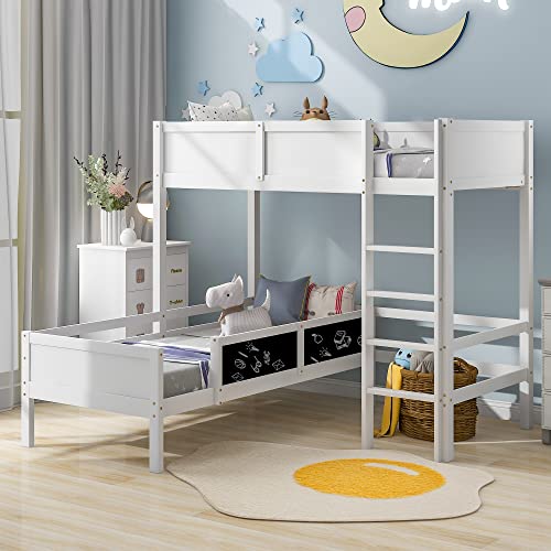Children's Bed Frame 3FT, Bunk Bed for Kids with Blackboard & Ladder for 2 People, Pine Wood, 198x165x198.5 cm(BxHxT)