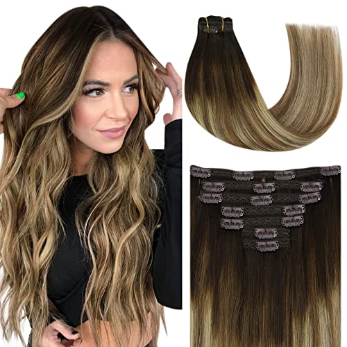 YoungSee Human Hair Extensions Clip in Balayage 18 Inch Clip in Hair Extensions Real Human Hair Brown 7pcs 100g Balayage Dark Brown to Brown with Blonde Clip in Extensions Remy Human Hair