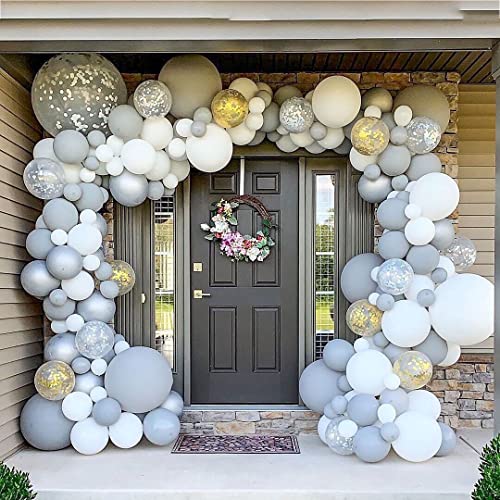 113pcs Grey Balloon Arch Kit with Air Pump, Balloon Garland with White Gold Grey Balloons, Wall Hooks, Knotter for Birthday, Wedding, Engagement, Baby Shower, Bridal Shower and Party Decorations