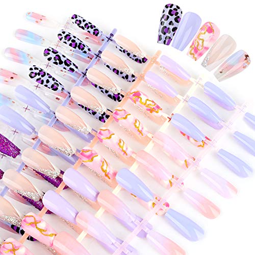 120 Pieces Reusable Artificial Nail Tips Rainbow Full Cover Nail Tips Press On Nails Art False Tips Pink and Purple