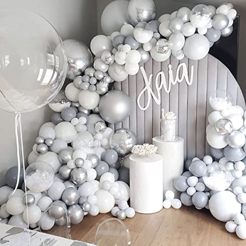 Grey Balloon Arch Kit, 112pcs Pastel Grey White Balloon Garland Arch Kit with Chrome Chrome Silver Latex Balloons Decoration for Wedding Bridal Engagement Birthday Baby Shower New Year Party Decor