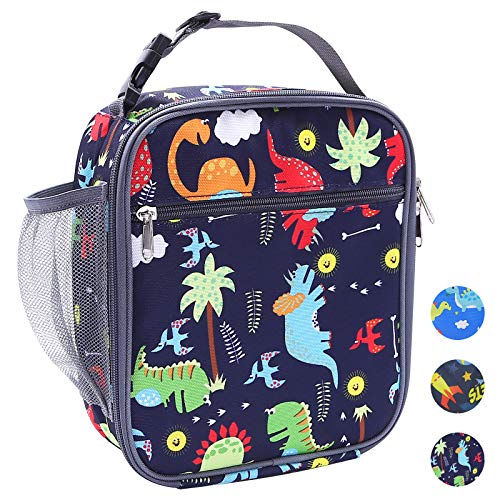 Lunch Bag for Kids, Dinosaur Insulated Blue Lunch Box Snack Box with Strap & Side Mesh Pocket, for Boys Girls, Child Thermal Tote Cooler Bag Portable Leak Proof for School Picnic Outdoor or Work