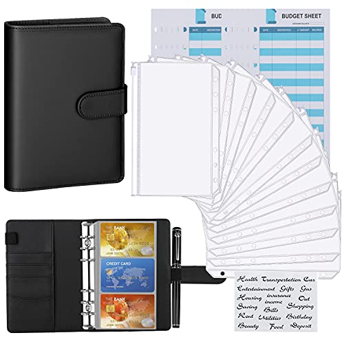 Housolution A6 Budget Binder with Cash Envelopes, PU Leather Notebook Binder Budget Planner 6-Ring Binder Cover with 12 Clear Binder Envelopes Pockets, 12 Expense Budget Sheets & Labels, Black